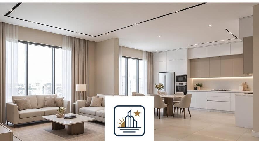 ديكور شقة حديثة بمساحة مفتوحة تجمع المعيشة والطعام والمطبخ